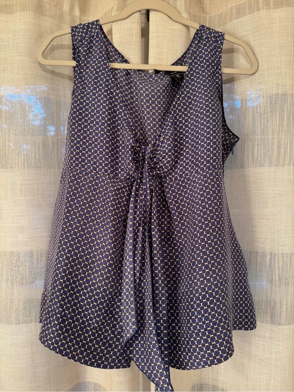 New York & Company 100% Silk Navy Geometric Tie-Front Camisole